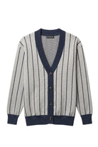 Penn State University Heritage Pinstripe Cardigan Knit Sweater in grey with navy trim and navy pinstripes, vintage baseball-inspired collegiate sweater FRONT
