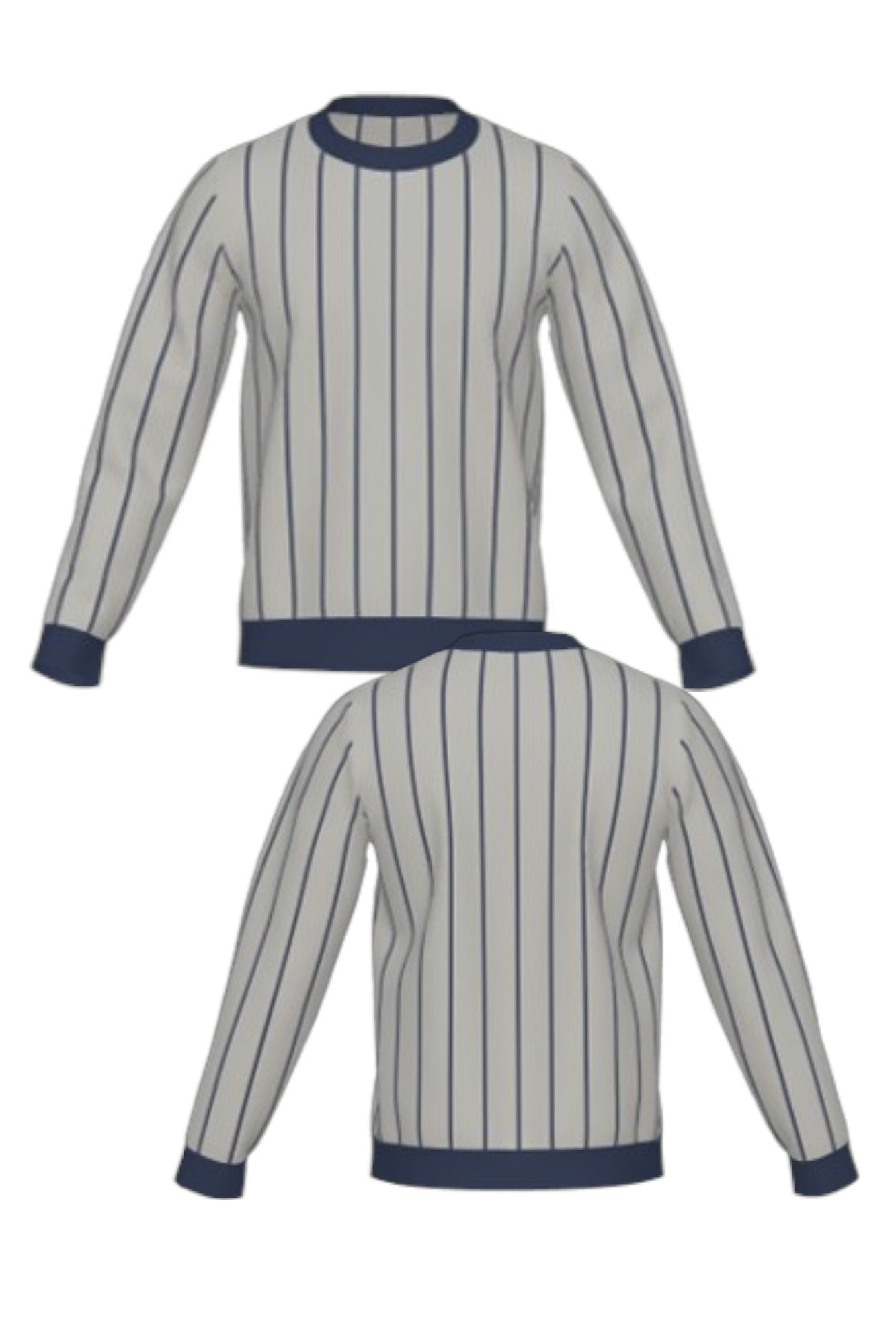 Penn State University Heritage Pinstripe Crew Neck Knit Sweater in grey with navy trim and navy pinstripes, vintage baseball-inspired collegiate sweater FRONT and BACK
