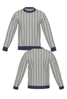 Penn State University Heritage Pinstripe Crew Neck Knit Sweater in grey with navy trim and navy pinstripes, vintage baseball-inspired collegiate sweater FRONT and BACK