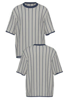 Penn State University Heritage Pinstripe Short Sleeve Knit Sweater in grey with navy trim and navy pinstripes, vintage baseball-inspired collegiate sweater FRONT and BACK