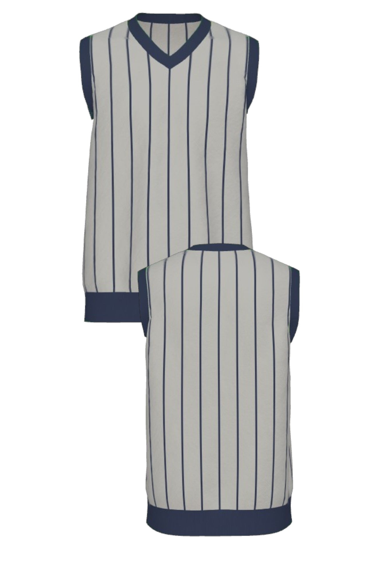 Penn State University Heritage Pinstripe V-Neck Vest Knit Sweater in grey with navy trim and navy pinstripes, vintage baseball-inspired collegiate sweater FRONT and BACK