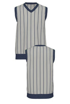Penn State University Heritage Pinstripe V-Neck Vest Knit Sweater in grey with navy trim and navy pinstripes, vintage baseball-inspired collegiate sweater FRONT and BACK