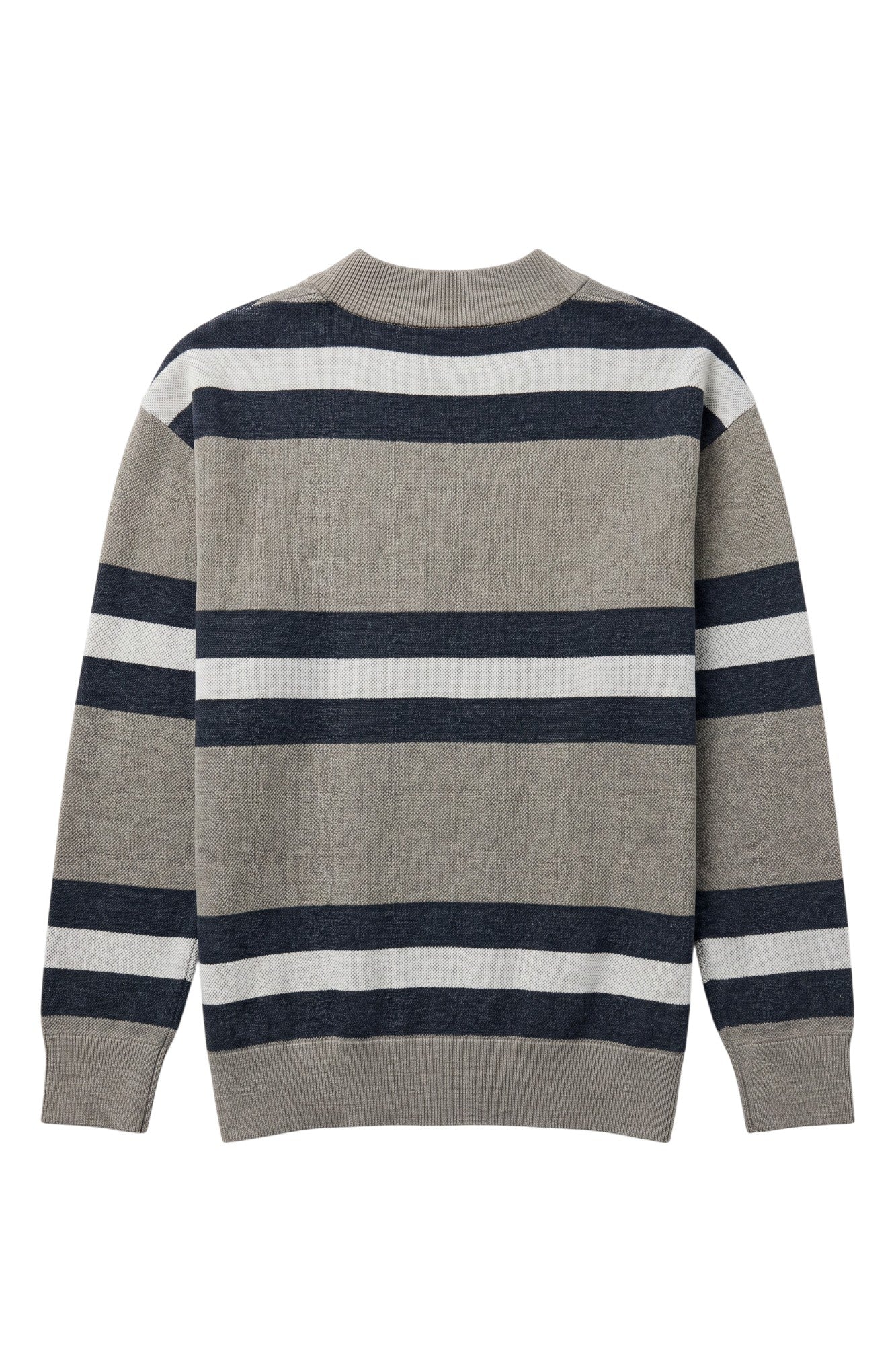 Penn State University rugby stripe knit cardigan sweater in navy, grey and white with Nittany Lion Paw knitted into the front left chest, officially licensed Nittany Lions sweater BACK