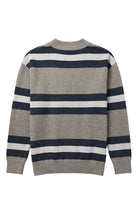 Penn State University rugby stripe knit cardigan sweater in navy, grey and white with Nittany Lion Paw knitted into the front left chest, officially licensed Nittany Lions sweater BACK