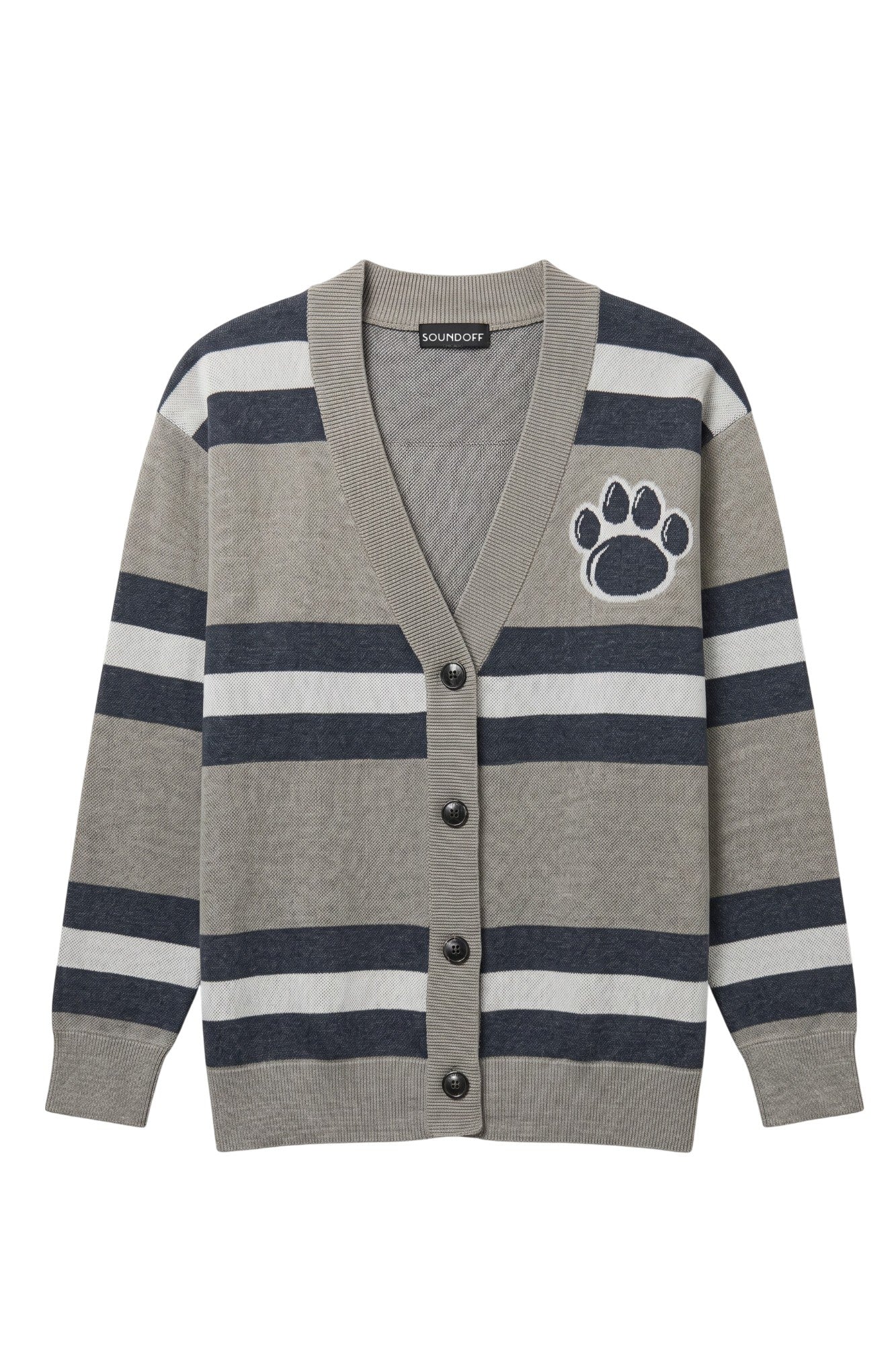 Penn State University rugby stripe knit cardigan sweater in navy, grey and white with Nittany Lion Paw knitted into the front left chest, officially licensed Nittany Lions sweater FRONT