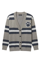 Penn State University rugby stripe knit cardigan sweater in navy, grey and white with Nittany Lion Paw knitted into the front left chest, officially licensed Nittany Lions sweater FRONT