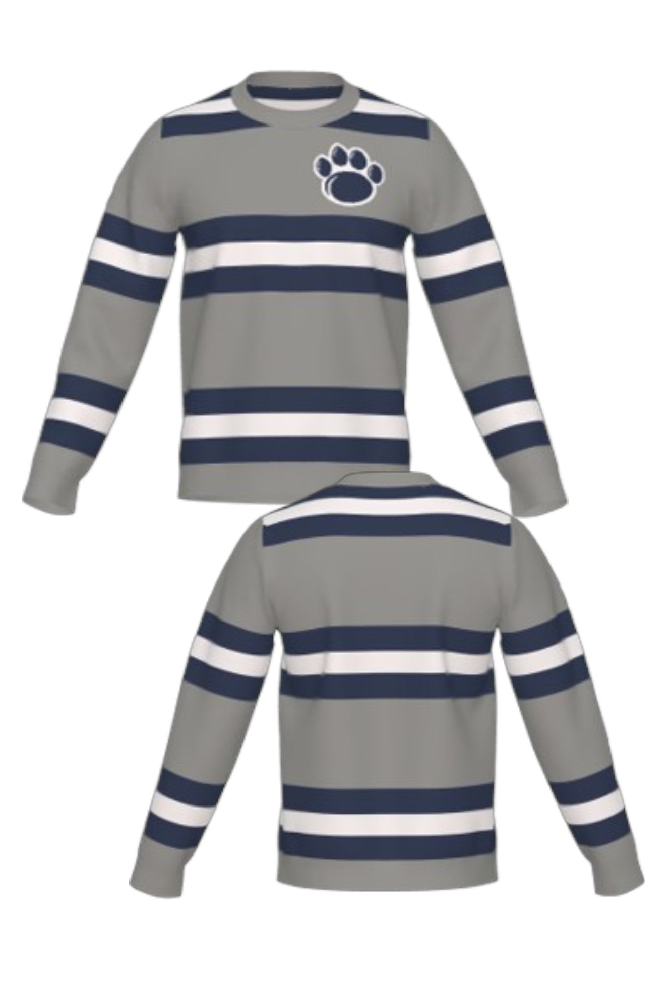 Penn State University rugby stripe knit crew neck sweater in navy, grey and white with Nittany Lion Paw knitted into the front left chest, officially licensed Nittany Lions sweater FRONT and BACK
