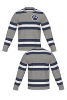 Penn State University rugby stripe knit crew neck sweater in navy, grey and white with Nittany Lion Paw knitted into the front left chest, officially licensed Nittany Lions sweater FRONT and BACK