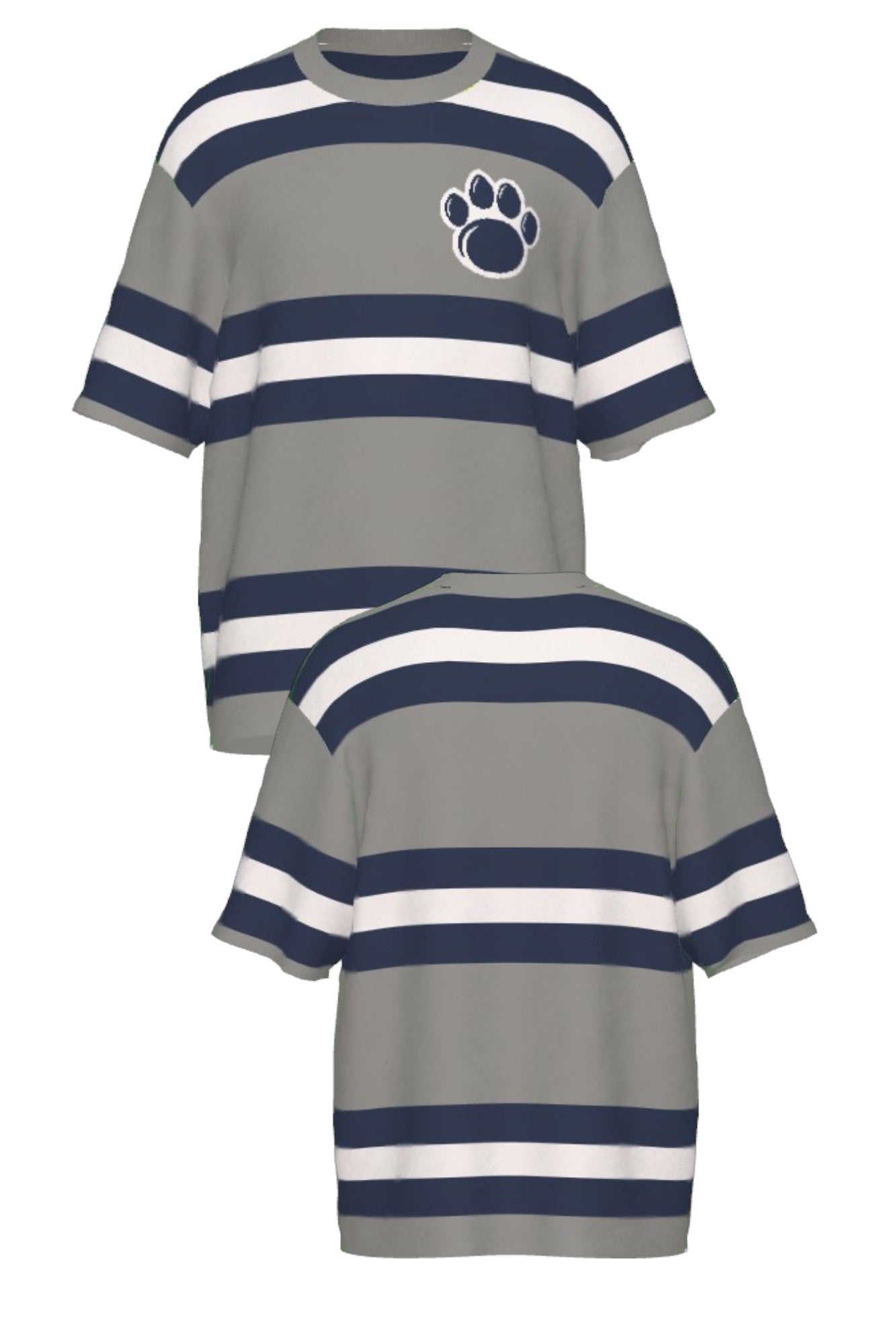 Penn State University rugby stripe knit short sleeve sweater in navy, grey and white with Nittany Lion Paw knitted into the front left chest, officially licensed Nittany Lions sweater  FRONT and BACK