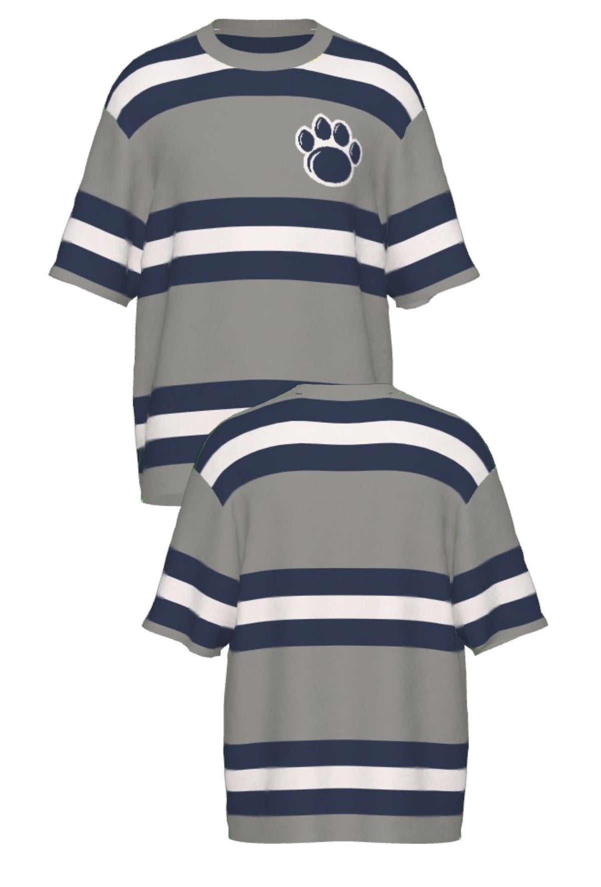 Penn State University rugby stripe knit short sleeve sweater in navy, grey and white with Nittany Lion Paw knitted into the front left chest, officially licensed Nittany Lions sweater  FRONT and BACK