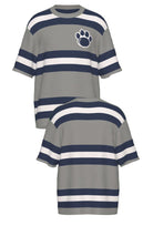 Penn State University rugby stripe knit short sleeve sweater in navy, grey and white with Nittany Lion Paw knitted into the front left chest, officially licensed Nittany Lions sweater  FRONT and BACK