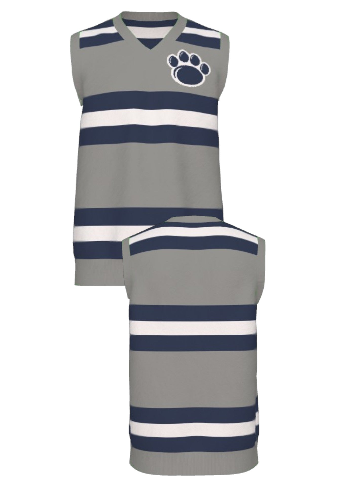 Penn State University rugby stripe knit V-neck vest sweater in navy, grey and white with Nittany Lion Paw knitted into the front left chest, officially licensed Nittany Lions sweater  FRONT and BACK