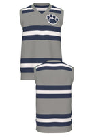 Penn State University rugby stripe knit V-neck vest sweater in navy, grey and white with Nittany Lion Paw knitted into the front left chest, officially licensed Nittany Lions sweater  FRONT and BACK