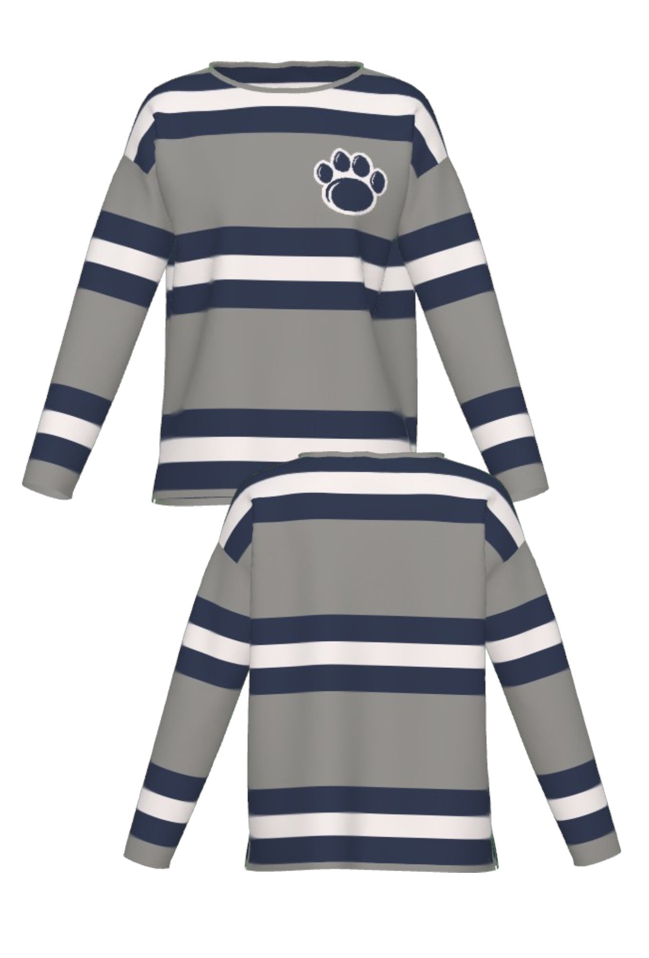 Penn State University rugby stripe knit Women's roll neck sweater in navy, grey and white with Nittany Lion Paw knitted into the front left chest, officially licensed Nittany Lions sweater  FRONT and BACK