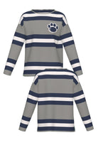 Penn State University rugby stripe knit Women's roll neck sweater in navy, grey and white with Nittany Lion Paw knitted into the front left chest, officially licensed Nittany Lions sweater  FRONT and BACK
