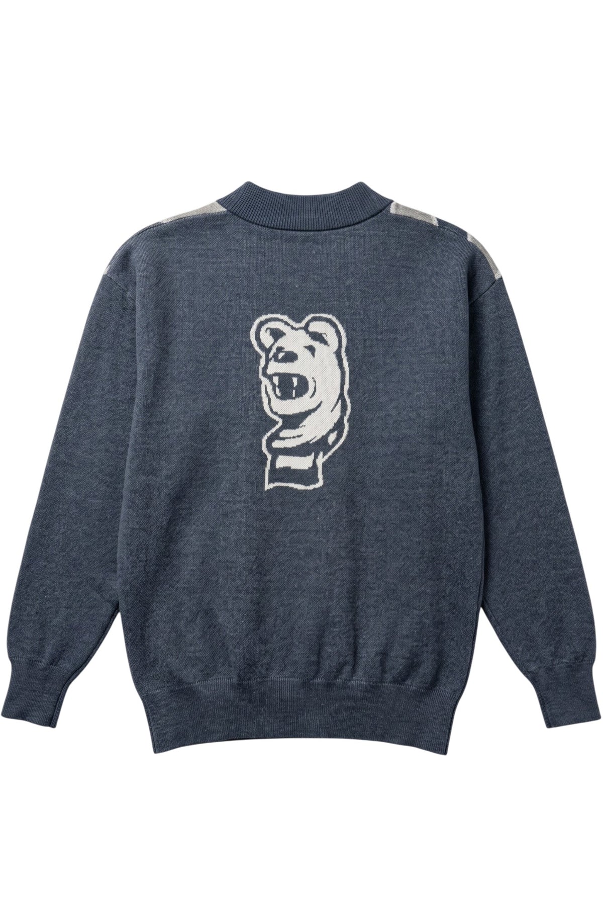 Penn State University Repp Stripe Cardigan Knit Sweater in navy, dark grey and white with angled front stripes and Nittany Lion mascot head detail BACK