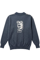 Penn State University Repp Stripe Cardigan Knit Sweater in navy, dark grey and white with angled front stripes and Nittany Lion mascot head detail BACK