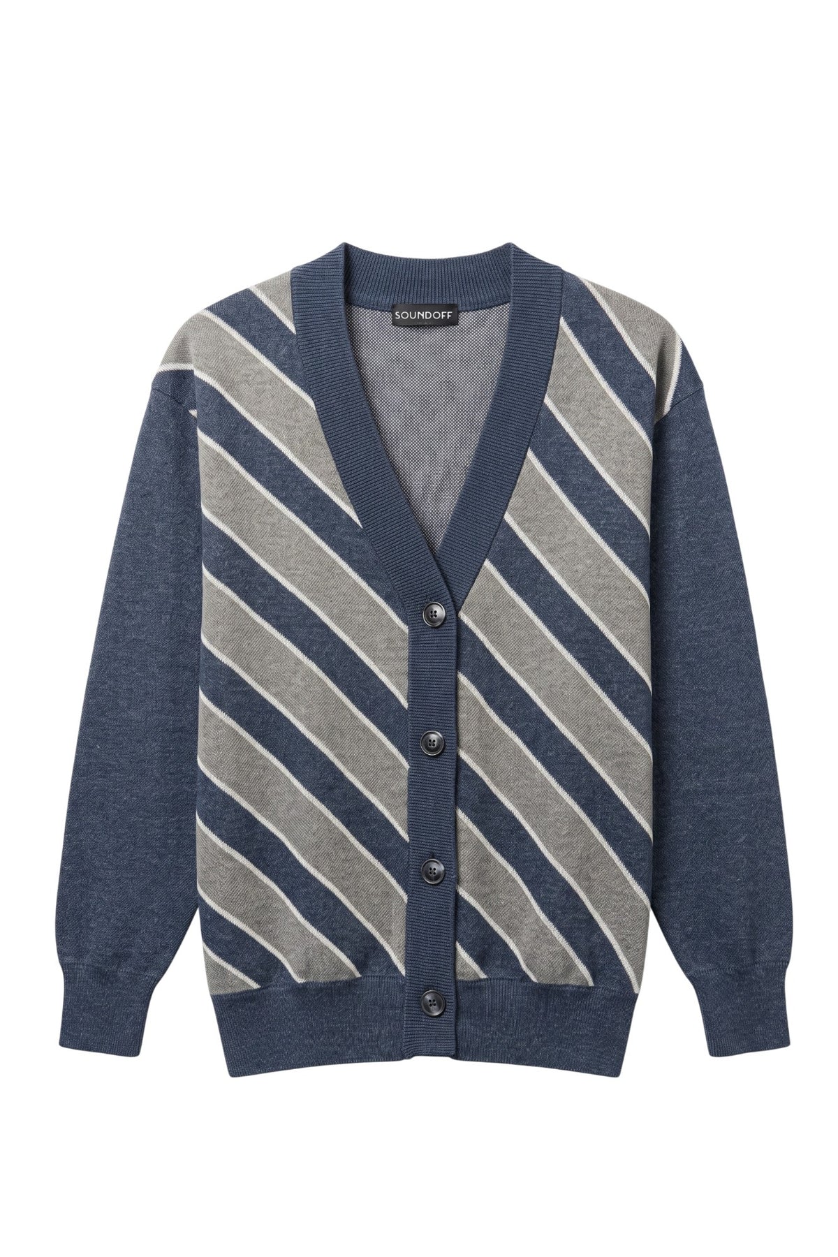 Penn State University Repp Stripe Cardigan Knit Sweater in navy, dark grey and white with angled front stripes and Nittany Lion mascot head detail FRONT