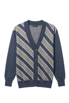 Penn State University Repp Stripe Cardigan Knit Sweater in navy, dark grey and white with angled front stripes and Nittany Lion mascot head detail FRONT