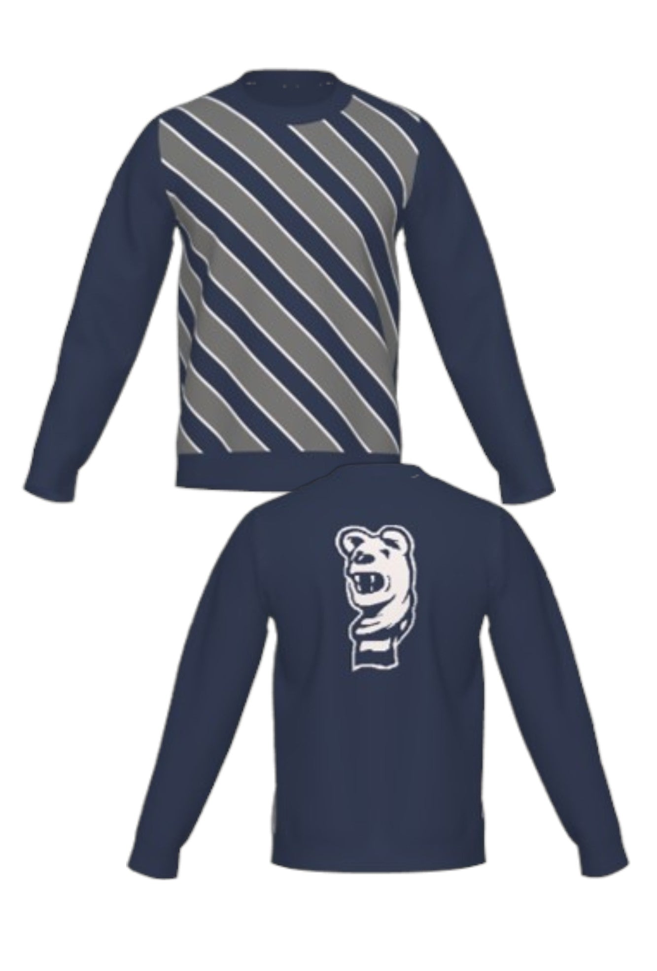Penn State University Repp Stripe Crew Neck Knit Sweater in navy, dark grey and white with angled front stripes and Nittany Lion mascot head detail FRONT and BACK