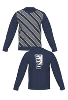 Penn State University Repp Stripe Crew Neck Knit Sweater in navy, dark grey and white with angled front stripes and Nittany Lion mascot head detail FRONT and BACK