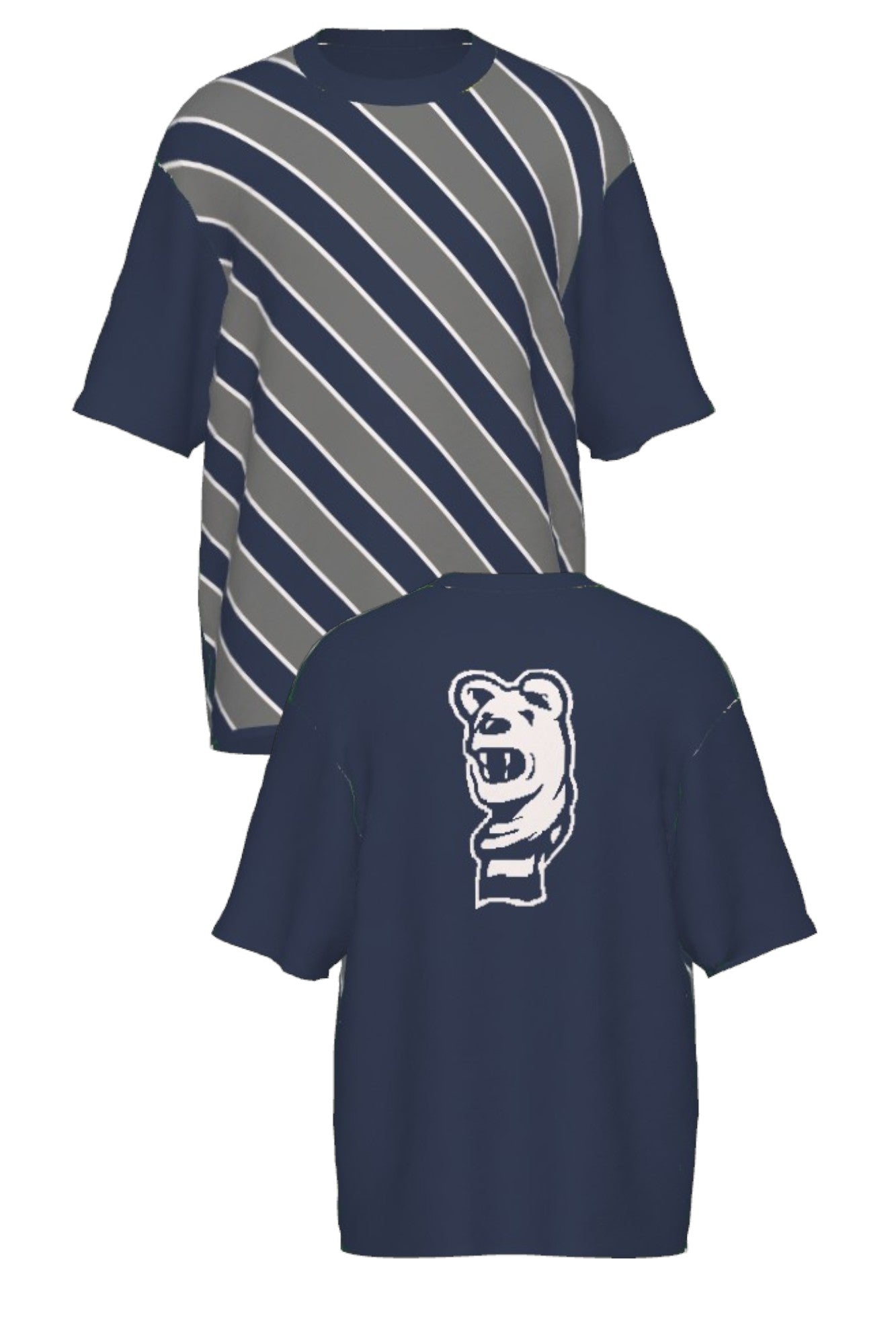 Penn State University Repp Stripe Short Sleeve Knit Sweater in navy, dark grey and white with angled front stripes and Nittany Lion mascot head detail FRONT and BACK