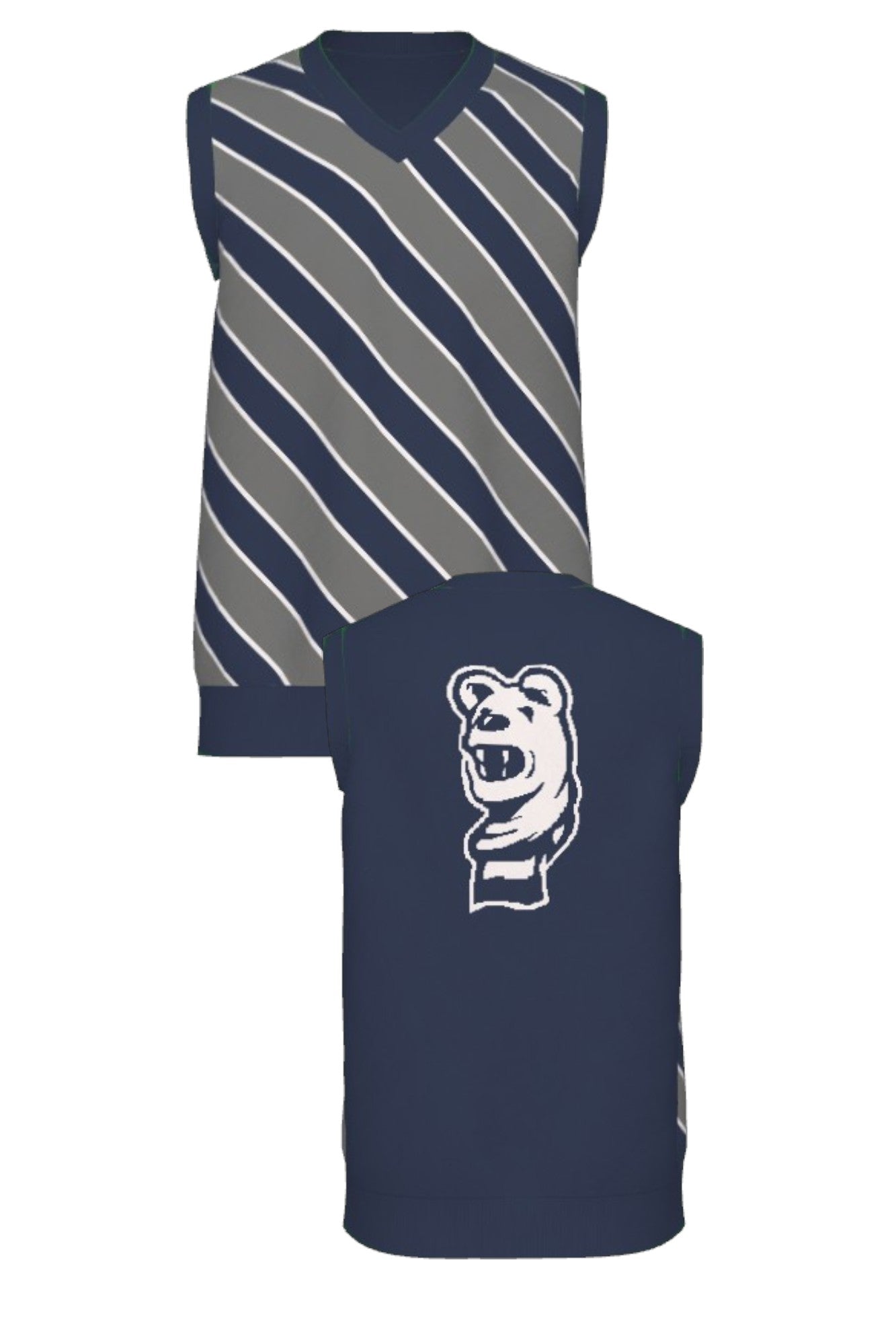 Penn State University Repp Stripe V-Neck Vest Knit Sweater in navy, dark grey and white with angled front stripes and Nittany Lion mascot head detail FRONT and BACK