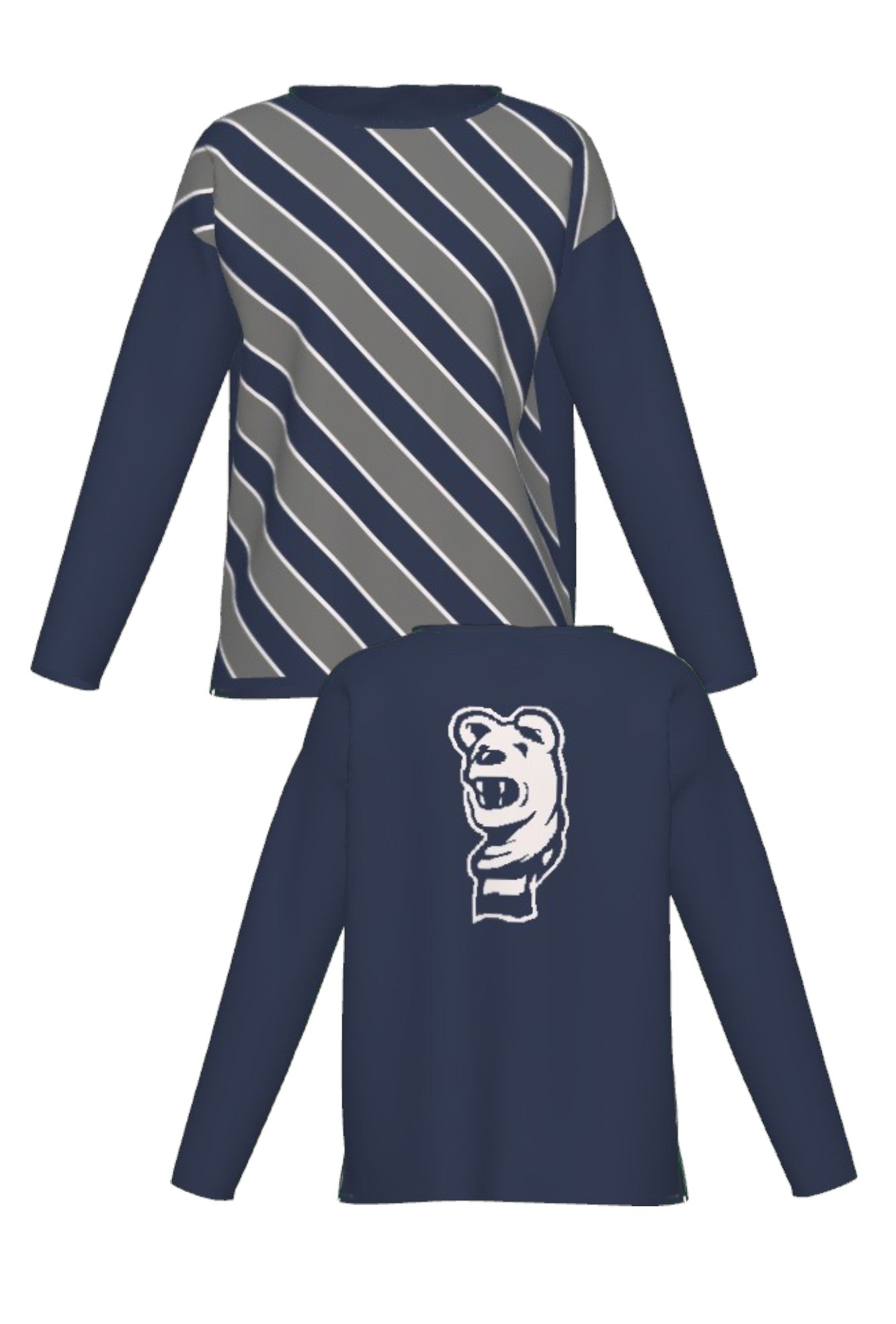 Penn State University Repp Stripe Woman's Knit Sweater in navy, dark grey and white with angled front stripes and Nittany Lion mascot head detail FRONT and BACK