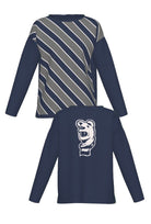 Penn State University Repp Stripe Woman's Knit Sweater in navy, dark grey and white with angled front stripes and Nittany Lion mascot head detail FRONT and BACK
