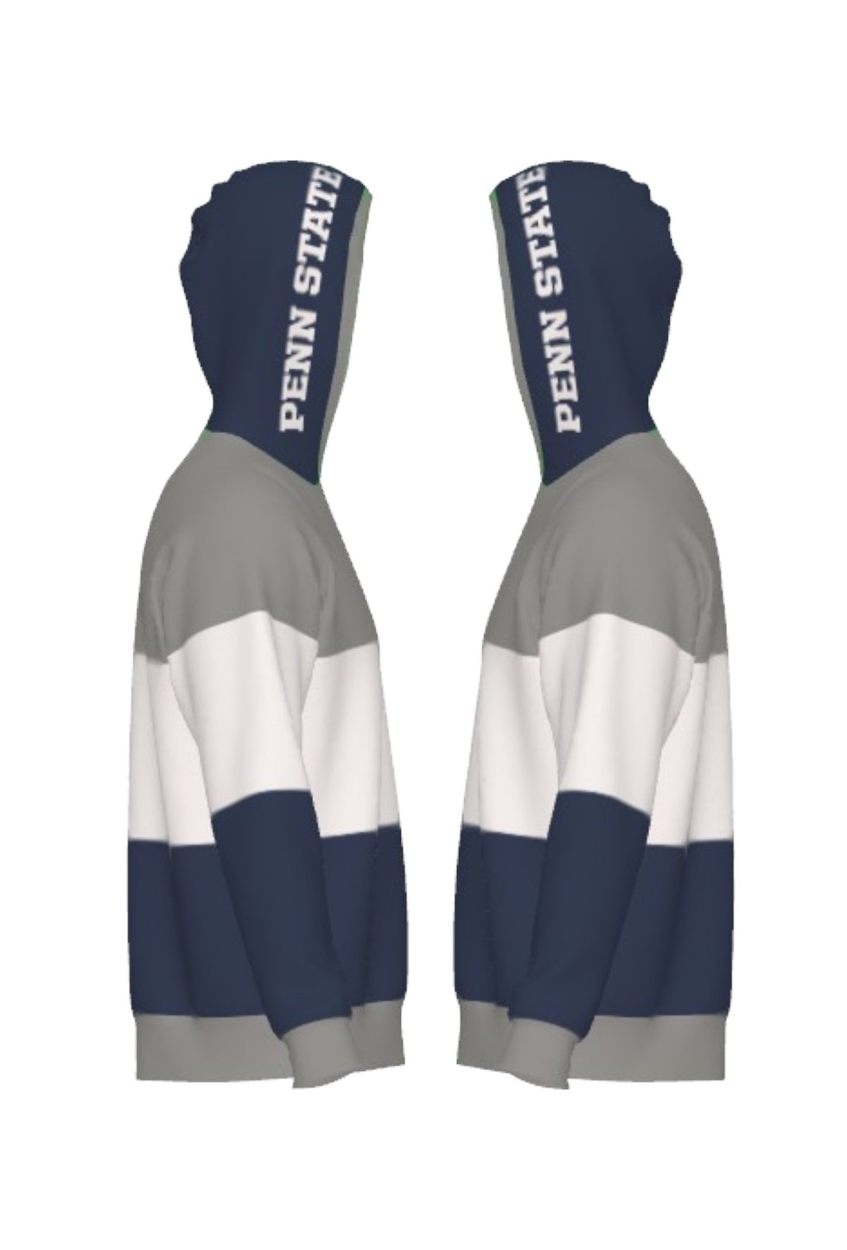 Penn State University Varsity Tri Stripe Hooded Knit Sweater in grey, white and navy blue with embroidered Nittany Lion crest patch and PENN STATE block on the hood by SOUNDOFF - side