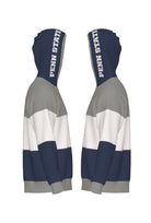 Penn State University Varsity Tri Stripe Hooded Knit Sweater in grey, white and navy blue with embroidered Nittany Lion crest patch and PENN STATE block on the hood by SOUNDOFF - side