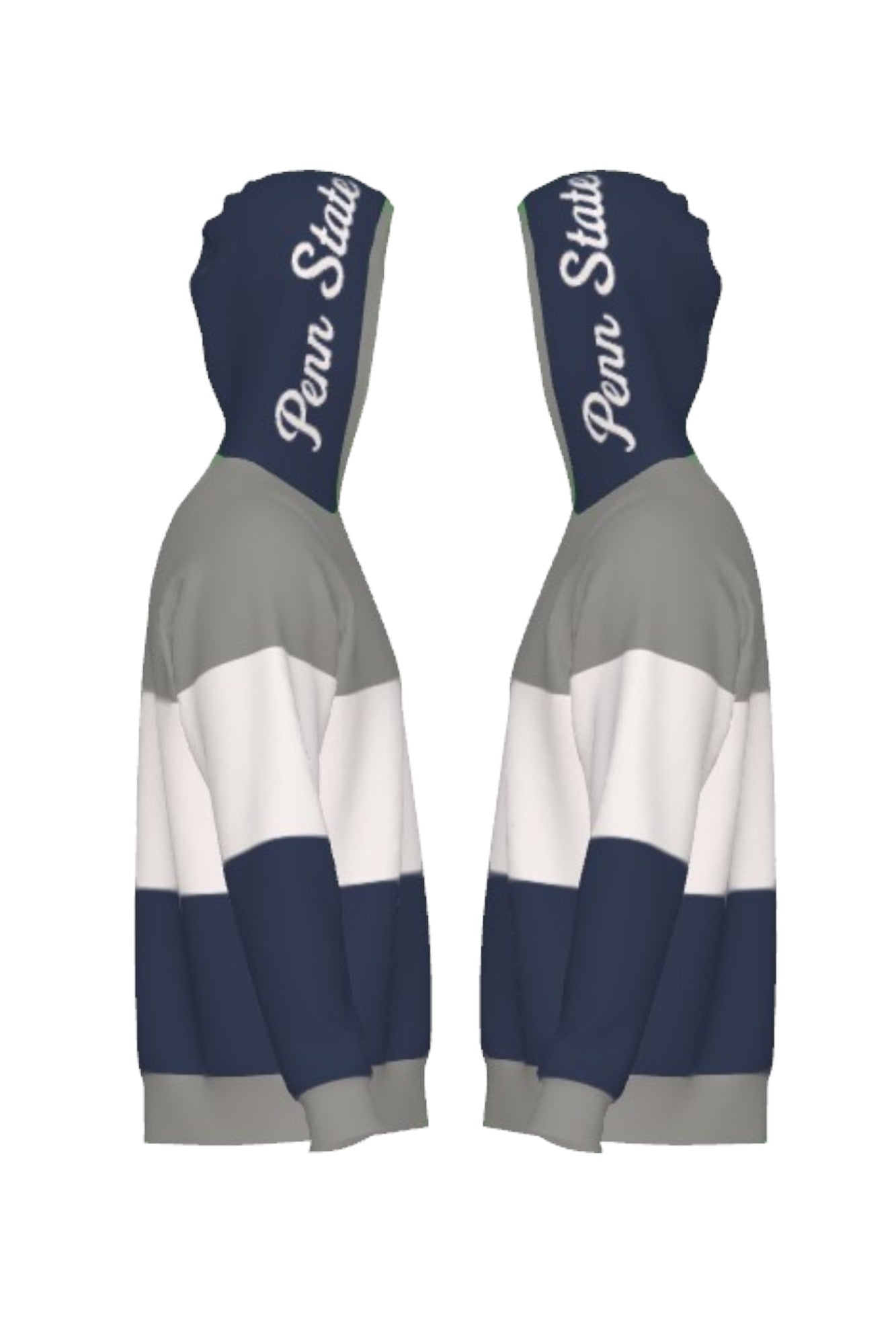 Penn State University Varsity Tri Stripe Hooded Knit Sweater in grey, white and navy blue with embroidered Nittany Lion crest patch and Penn State script on the hood by SOUNDOFF - side