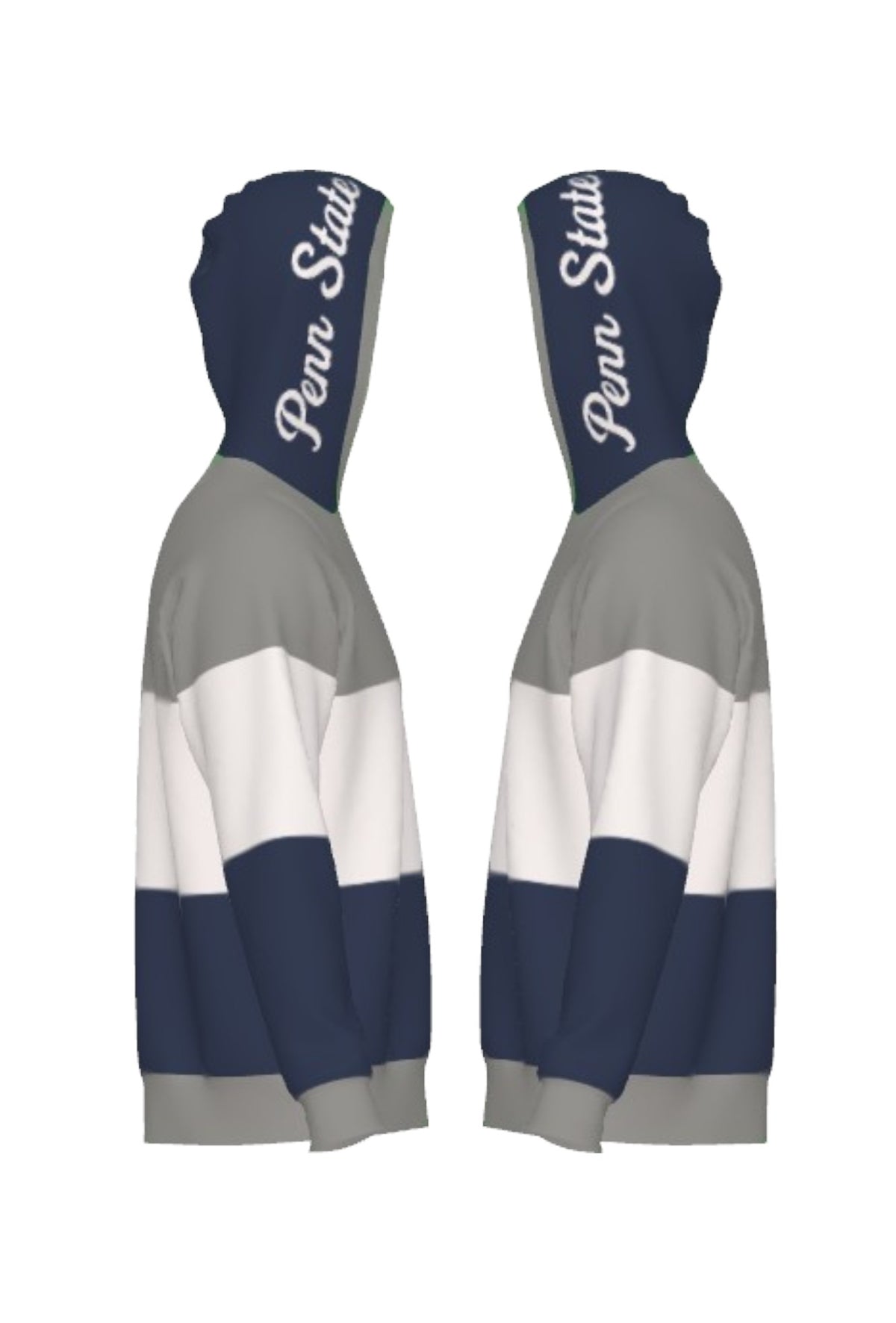 Penn State University Varsity Tri Stripe Hooded Knit Sweater in grey, white and navy blue with embroidered Nittany Lion crest patch and Penn State script on the hood by SOUNDOFF - side