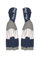 Penn State University Varsity Tri Stripe Hooded Knit Sweater in grey, white and navy blue with embroidered Nittany Lion crest patch and Penn State script on the hood by SOUNDOFF - side