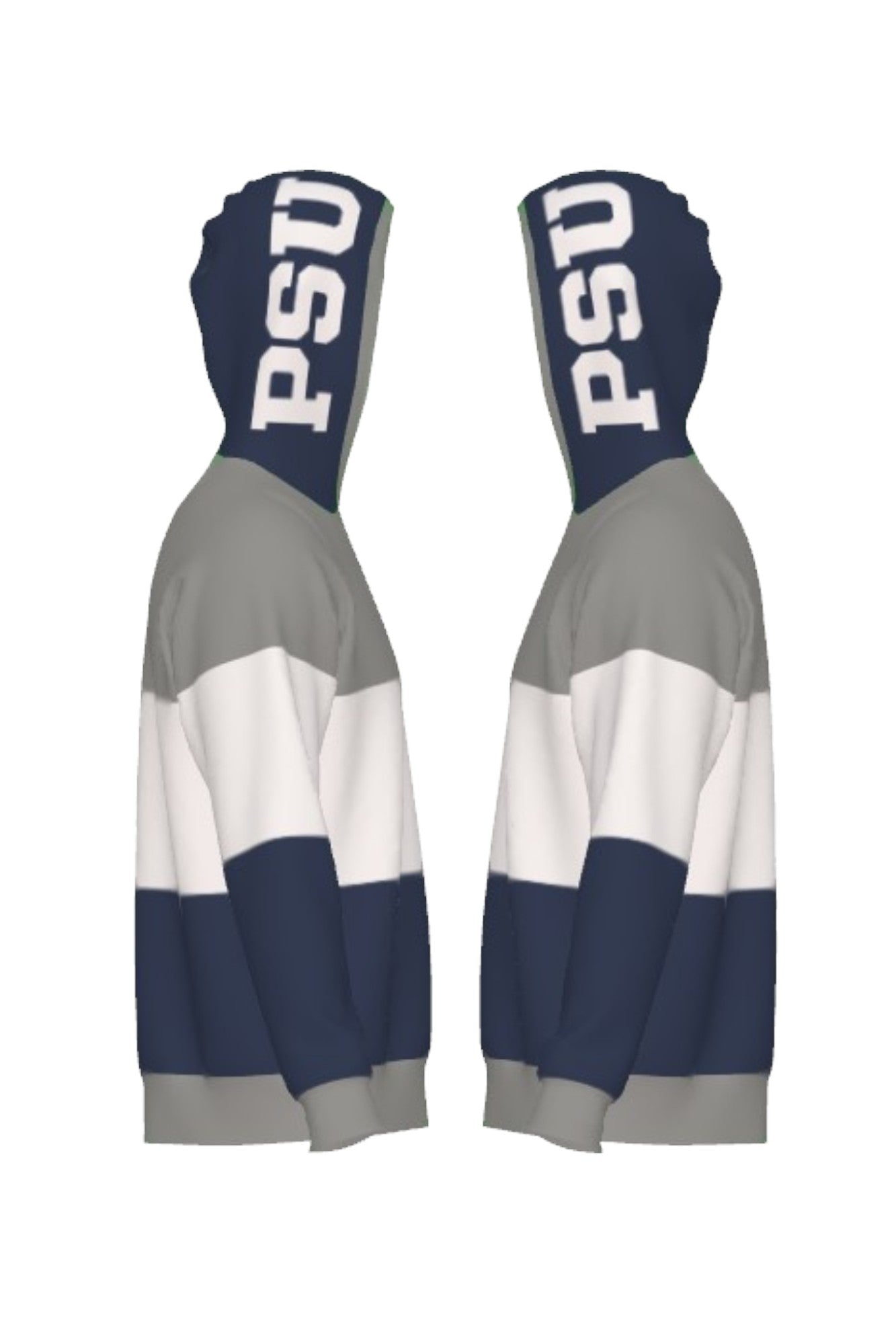 Penn State University Varsity Tri Stripe Hooded Knit Sweater in grey, white and navy blue with embroidered Nittany Lion crest patch and PSU block on the hood by SOUNDOFF - side