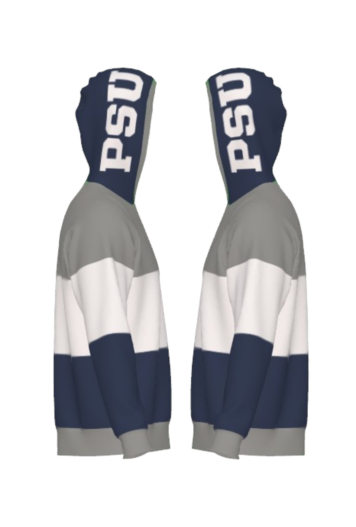 Penn State University Varsity Tri Stripe Hooded Knit Sweater in grey, white and navy blue with embroidered Nittany Lion crest patch and PSU block on the hood by SOUNDOFF - side