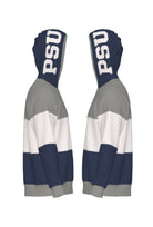 Penn State University Varsity Tri Stripe Hooded Knit Sweater in grey, white and navy blue with embroidered Nittany Lion crest patch and PSU block on the hood by SOUNDOFF - side