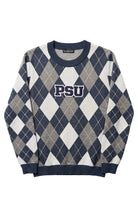 Penn State PSU varsity embroidered patch in navy and white sewn onto center front chest of navy, white, light grey, and beige argyle classic crewneck knit sweater.