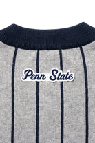 Penn State University script letter crest patch sewn onto upper back below collar of light grey cardigan knit sweater with navy pinstripes and trim.