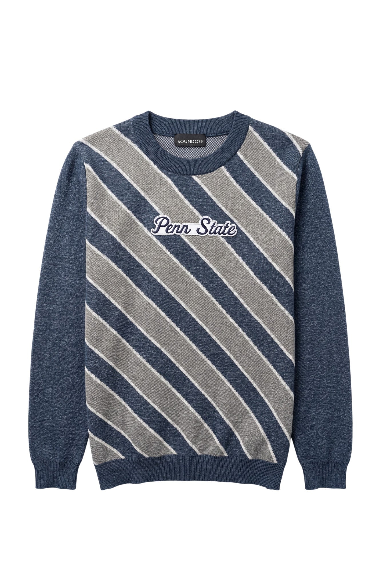 Penn State University script letter varsity patch sewn onto center front chest of navy, white, and light grey repp stripe classic crew knit sweater.