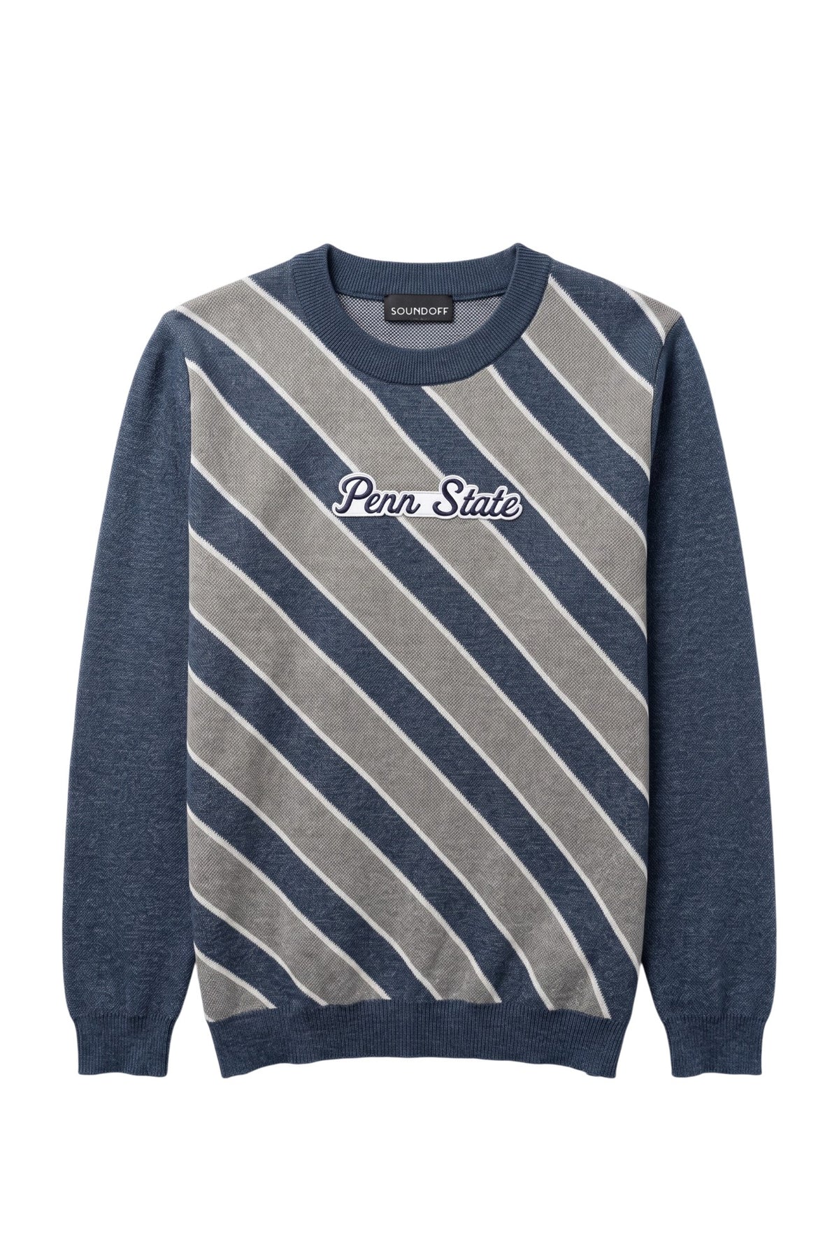 Penn State University script letter varsity patch sewn onto center front chest of navy, white, and light grey repp stripe classic crew knit sweater.