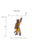 Penn State Nittany Lion mascot embroidered crest patch in brown, navy and white sewn onto custom knitwear FRONT size