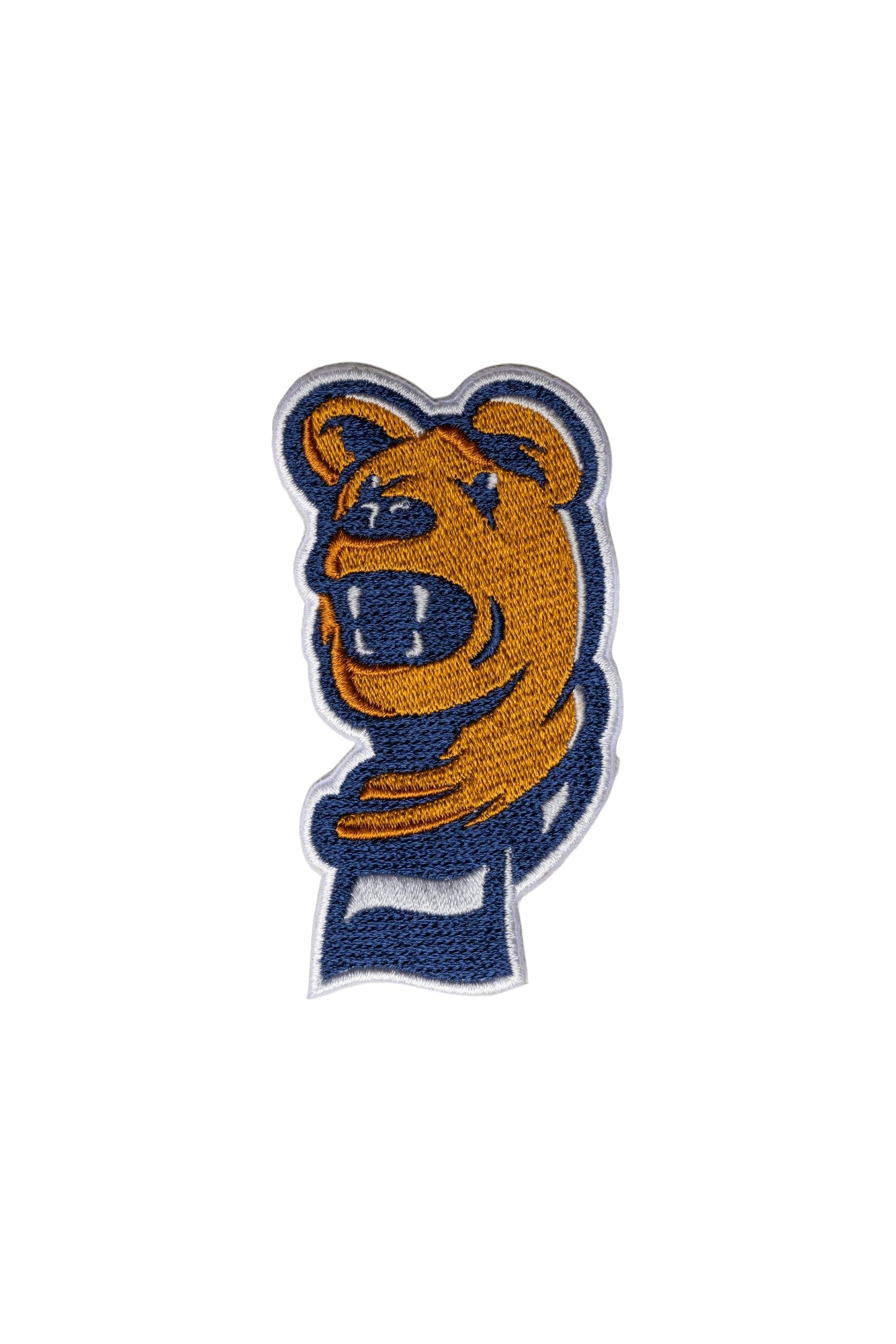 Penn State Nittany Lion head embroidered crest patch with scarf in brown, navy and white sewn onto a custom sweater FRONT