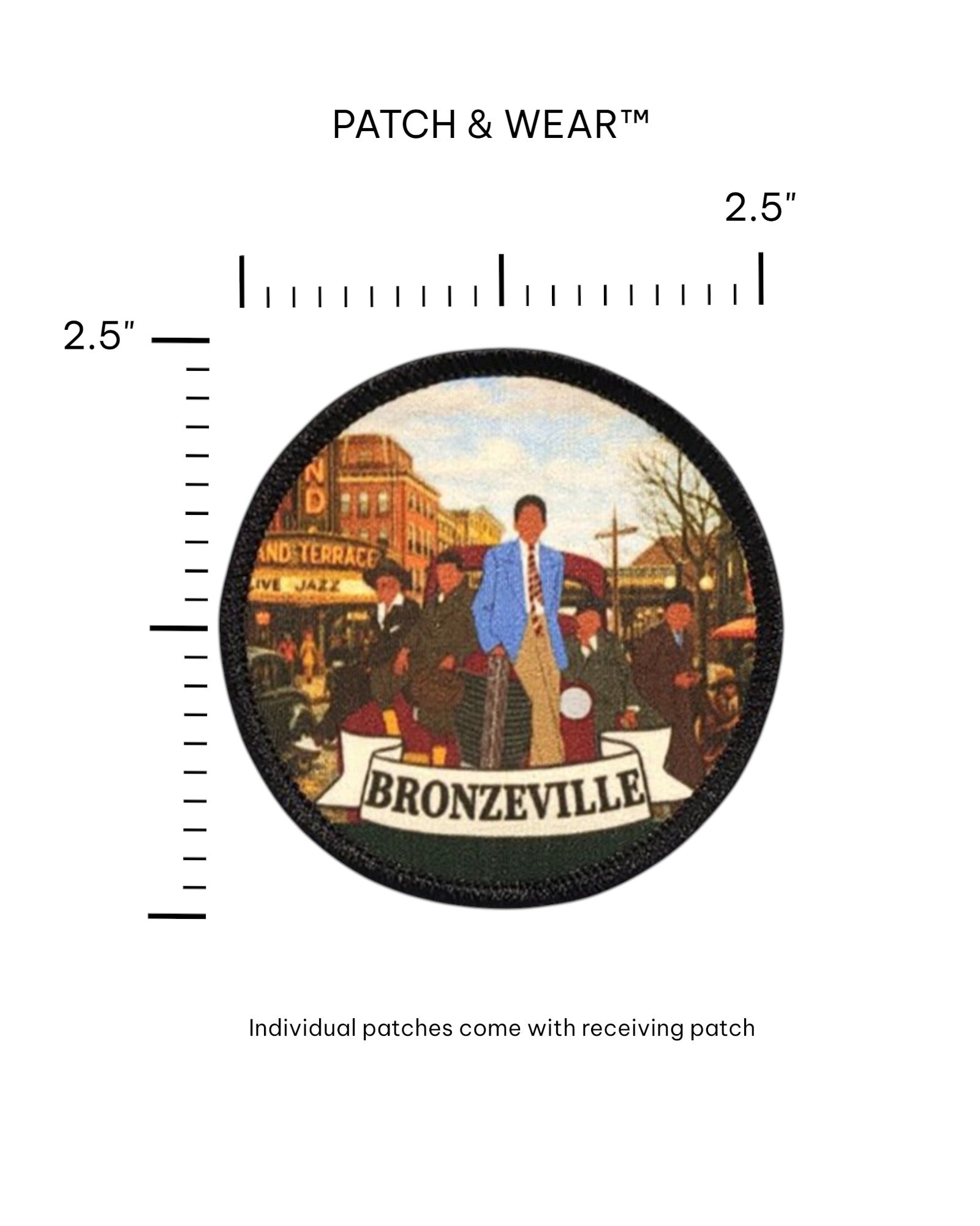 2.5-inch Bronzeville by Peter Gaona patch shown against a ruler grid; text reads "Individual patches come with receiving patch."