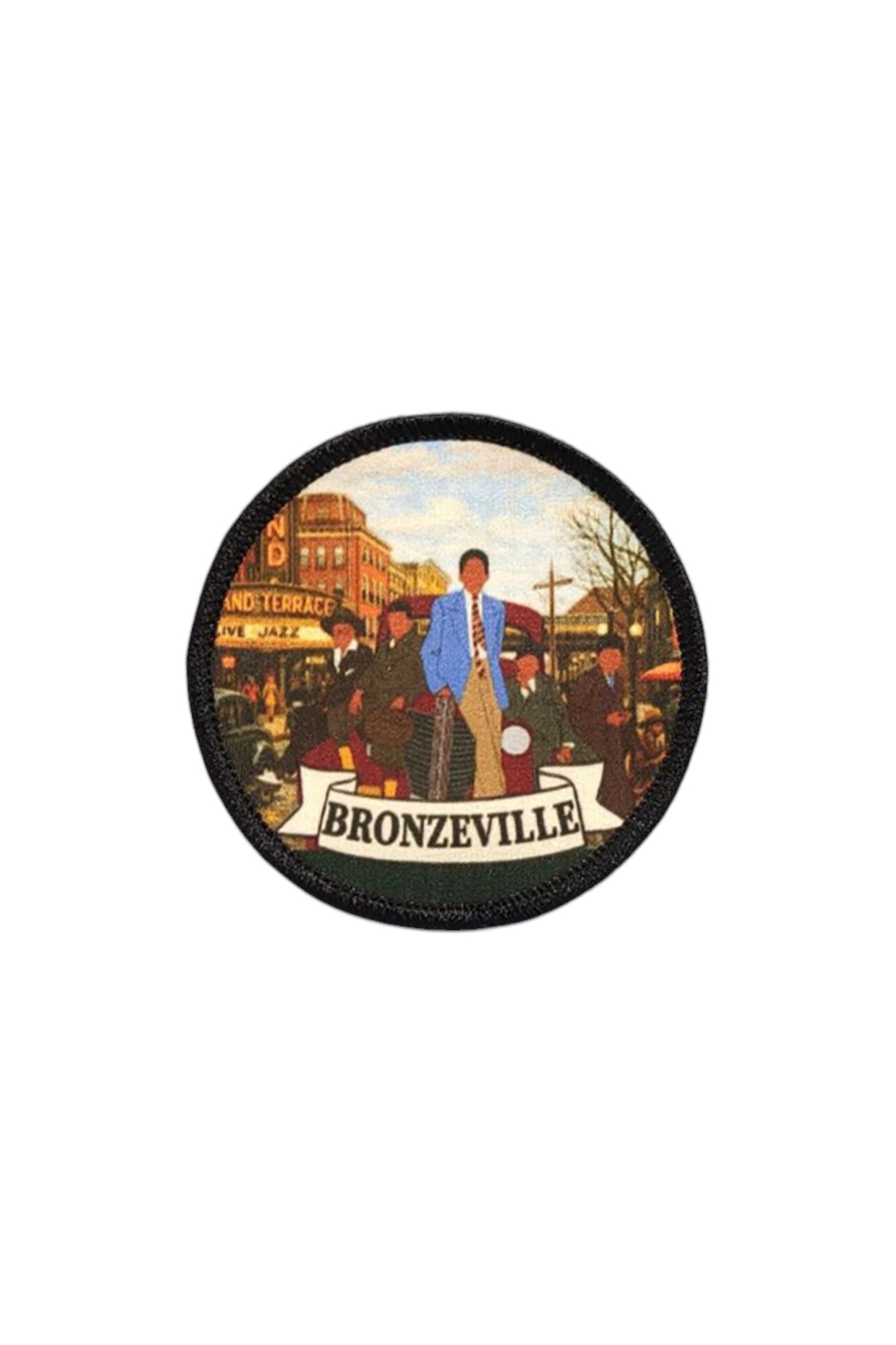 Circular sublimated Patch & Wear™ accessory featuring "Bronzeville" by Peter Gaona; a tribute to Russell Lee's 1941 photography of South Side Chicago.