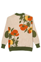 poppies for monica cardigan knit sweater back view in coco brown with burnt orange, mustard, and olive color accents by soundoff