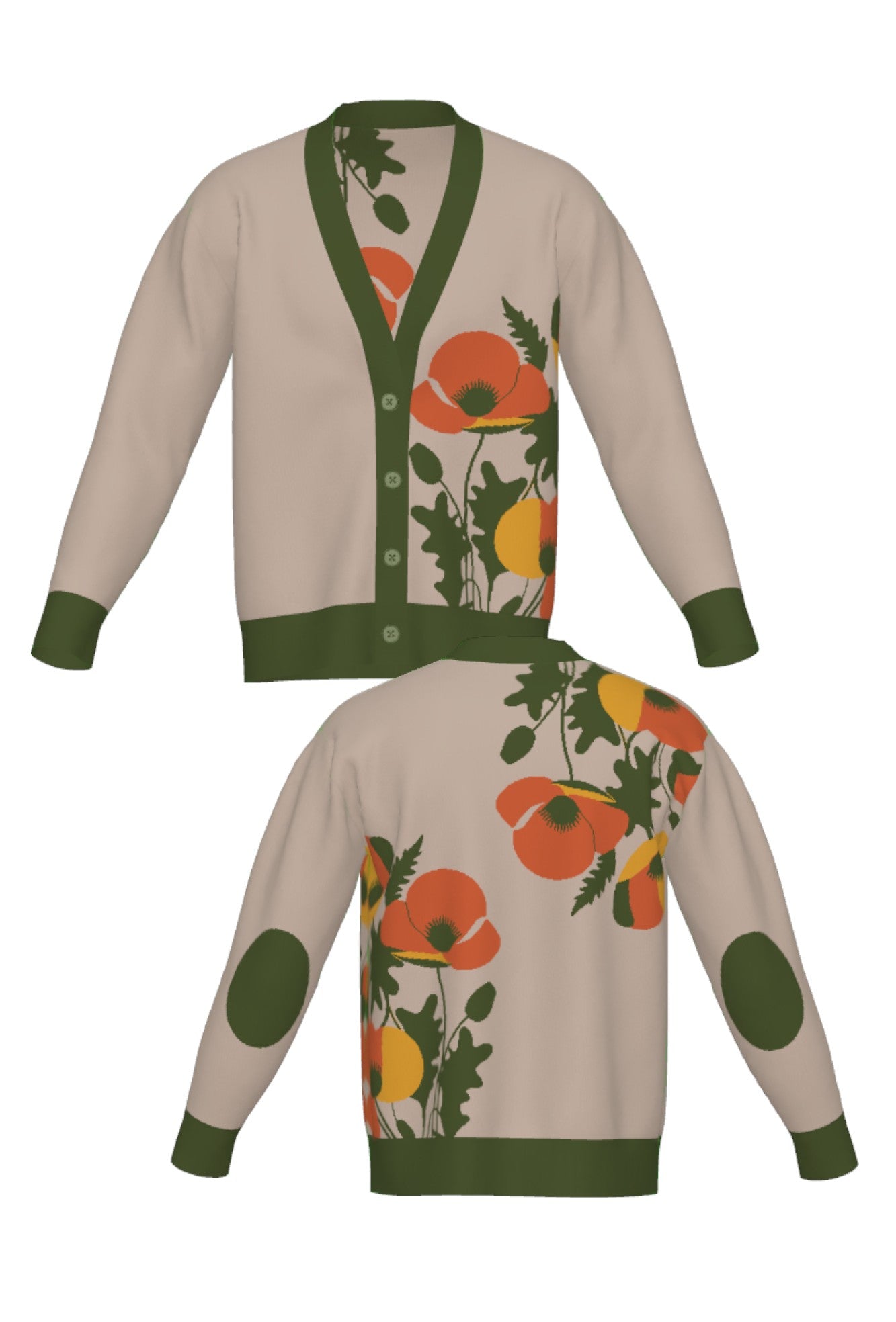 poppies for monica cardigan knit sweater front and back view in coco brown with burnt orange, mustard, and olive color accents by soundoff