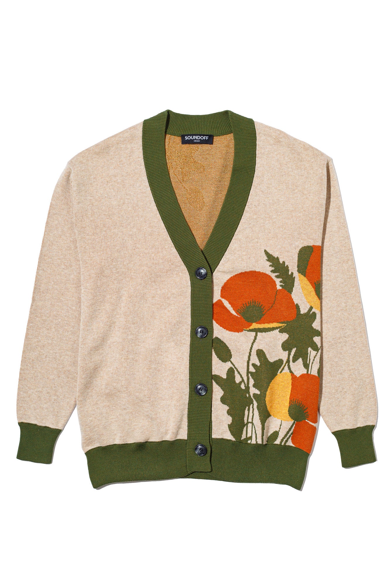 poppies for monica cardigan knit sweater front view in coco brown with burnt orange, mustard, and olive color accents by soundoff