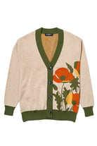 poppies for monica cardigan knit sweater front view in coco brown with burnt orange, mustard, and olive color accents by soundoff