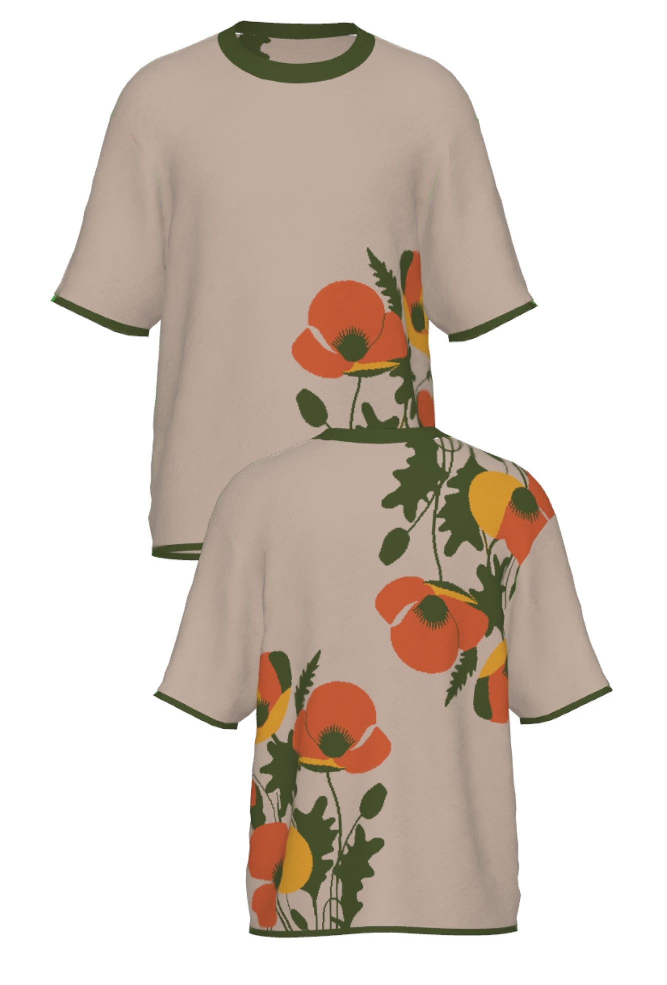 poppies for monica short sleeve knit sweater front and back view in coco brown with burnt orange, mustard, and olive color accents by soundoff